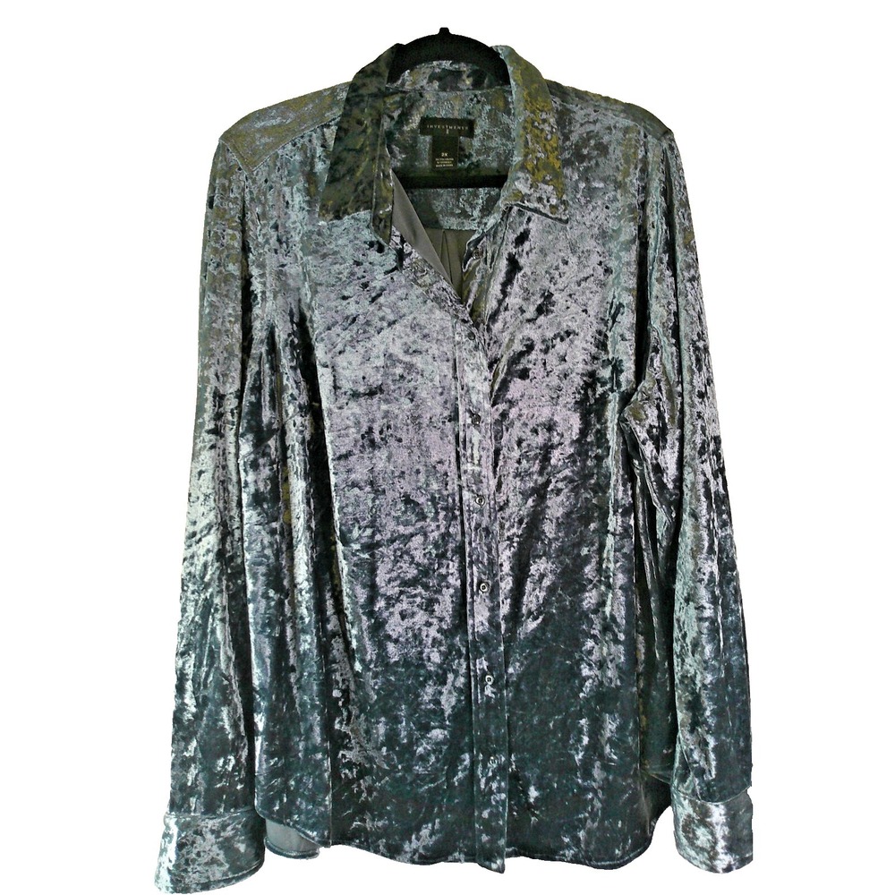 Investments Blue Crushed Velvet Long Sleeve Button Front Shirt Womens Size 2X